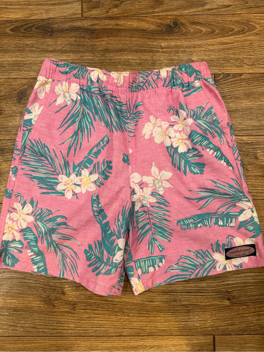 Vineyard Vines Kids Pink Swim Trunks with Teal Tropical Print